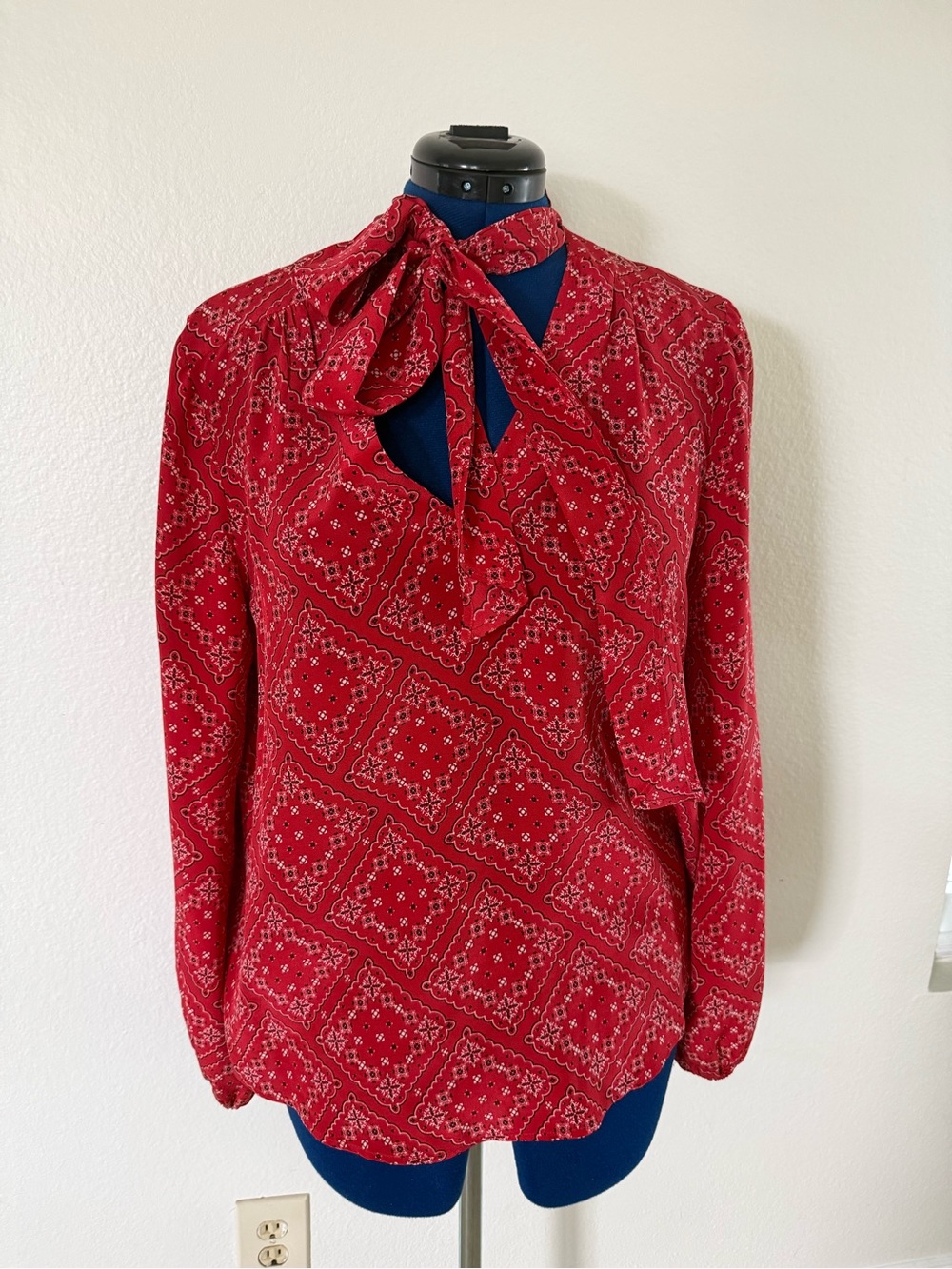 RIXO Red Tie-Neck Blouse